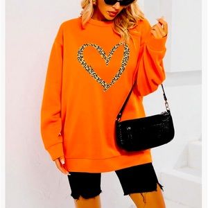 SHEIN‎ LUNE Orange Leopard & Heart Print Sweatshirt